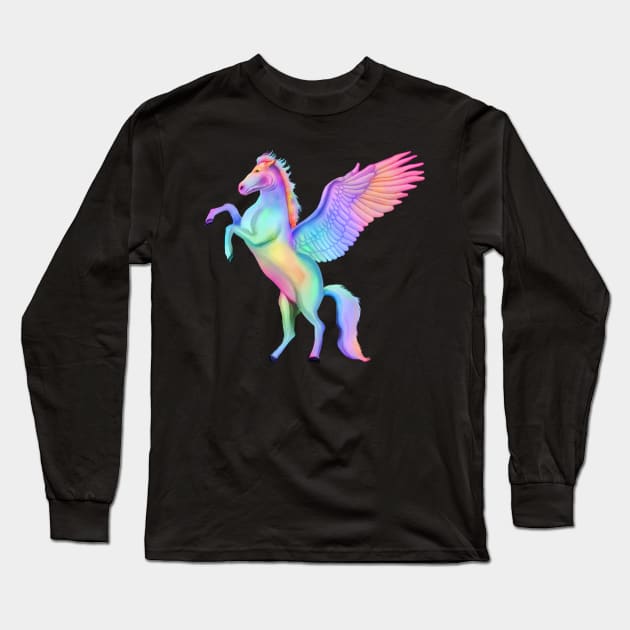 Magical Rainbow Winged Pegasus Horse Long Sleeve T-Shirt by Art by Deborah Camp